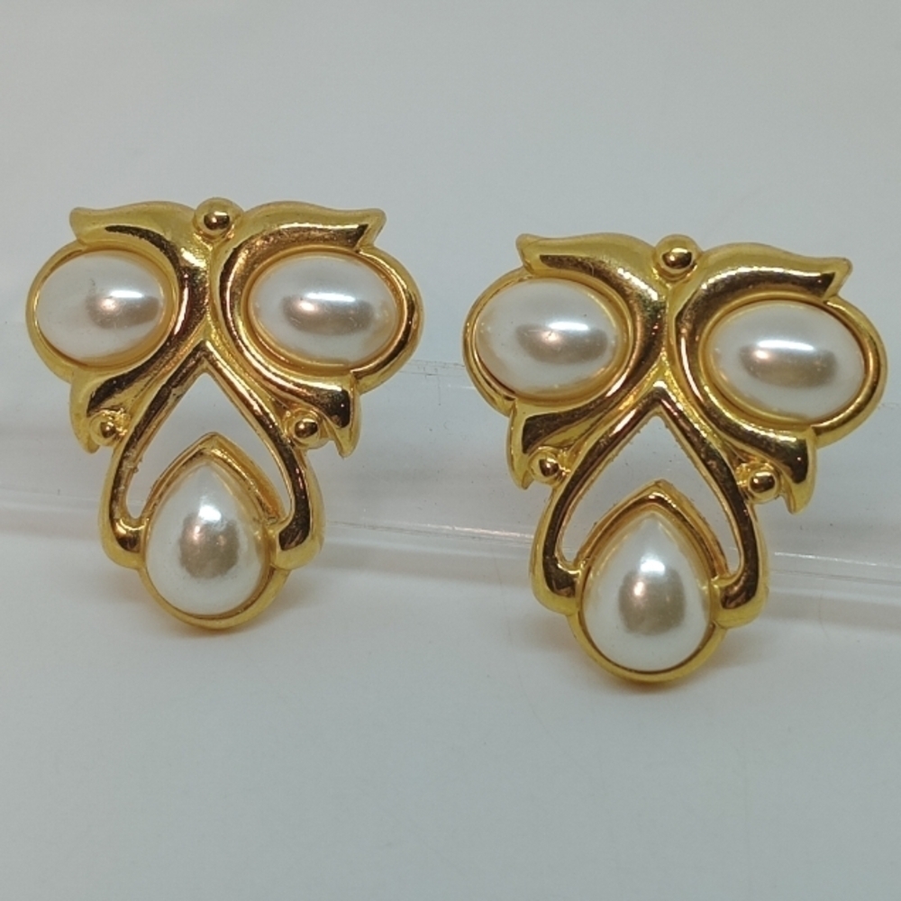 * vintage JS Joseph Smith & Sons faux pearl triad gold tone earrings